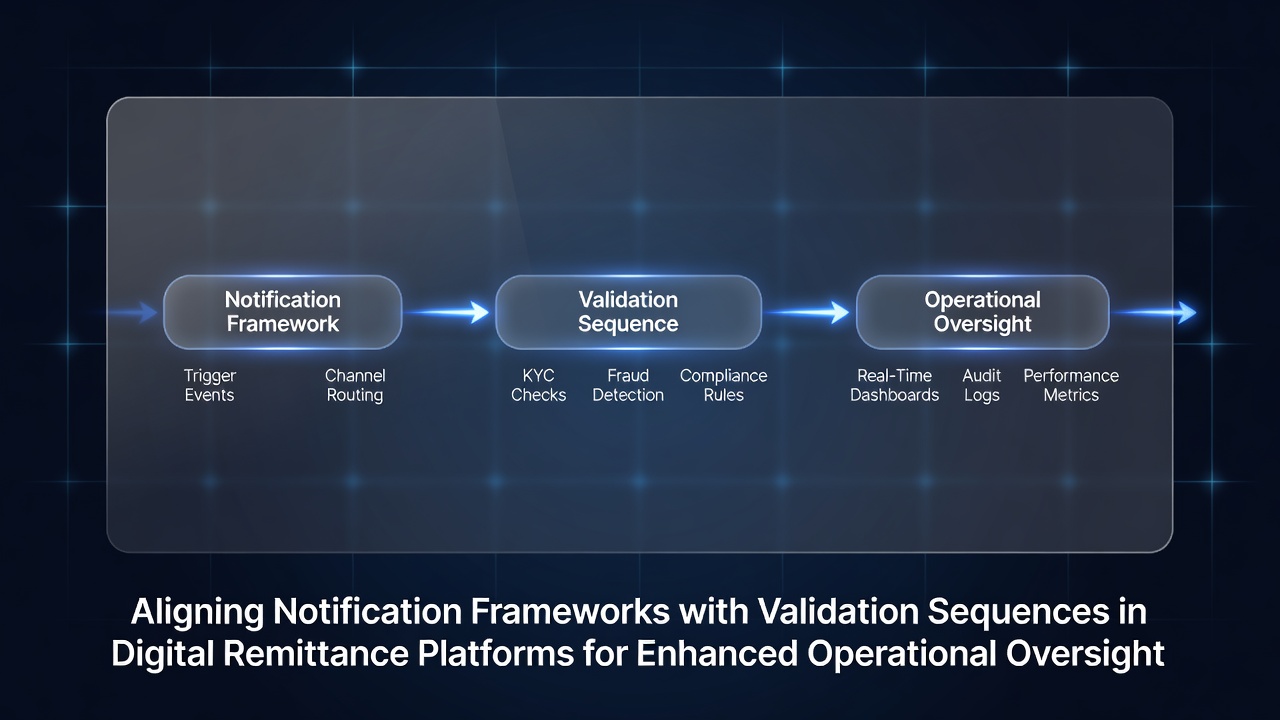 Digital remittance platform interface showing aligned notification and validation systems for transaction monitoring