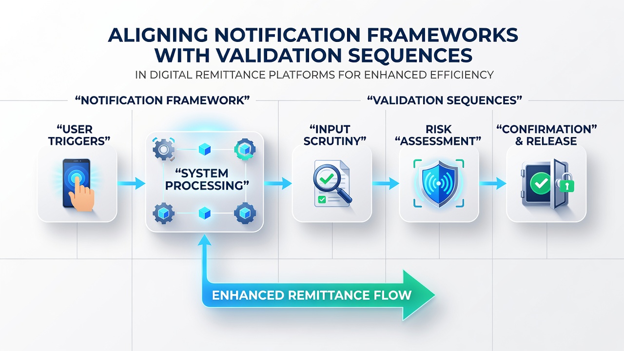 Flow diagram illustrating synchronized notification and validation processes in a remittance network