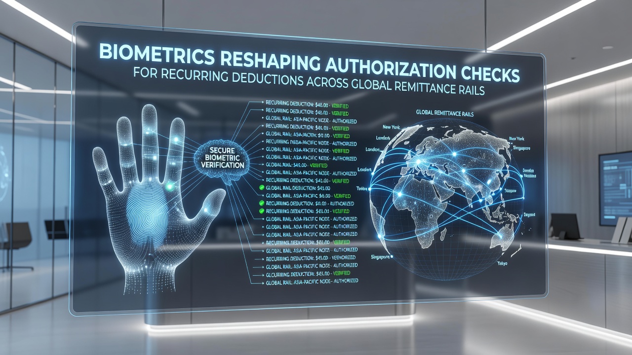 Global remittance network showing biometric checkpoints for automated deductions