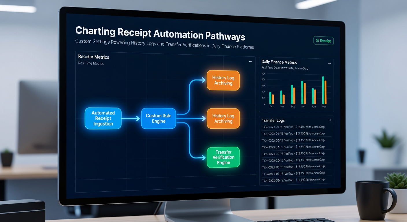 Diagram showing receipt automation pathways integrated with custom settings and history logs in finance platforms