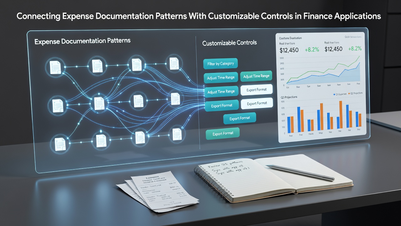 Finance application dashboard showing expense documentation patterns linked to customizable control settings for receipt tracking and approval workflows