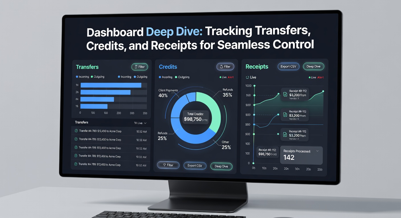 Screenshot of a modern payment dashboard displaying real-time transfers, credit balances, and receipt logs for easy financial oversight