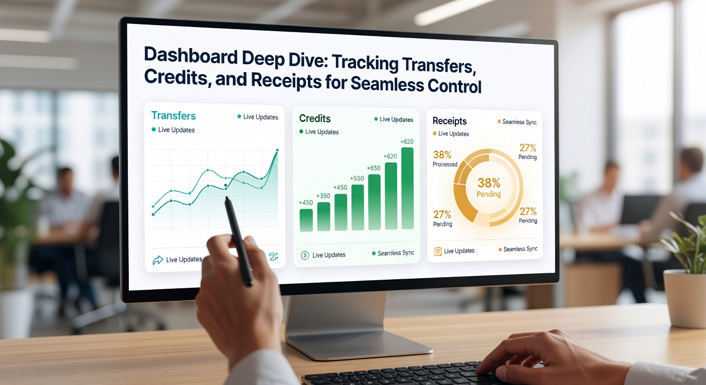 Close-up view of dashboard credits section with reconciled entries, graphs showing trends, and export options for detailed reports