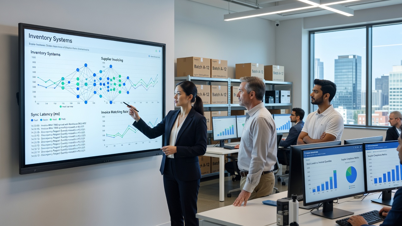 Supplier invoice processing interface linked to retail inventory tracking in a supply chain system