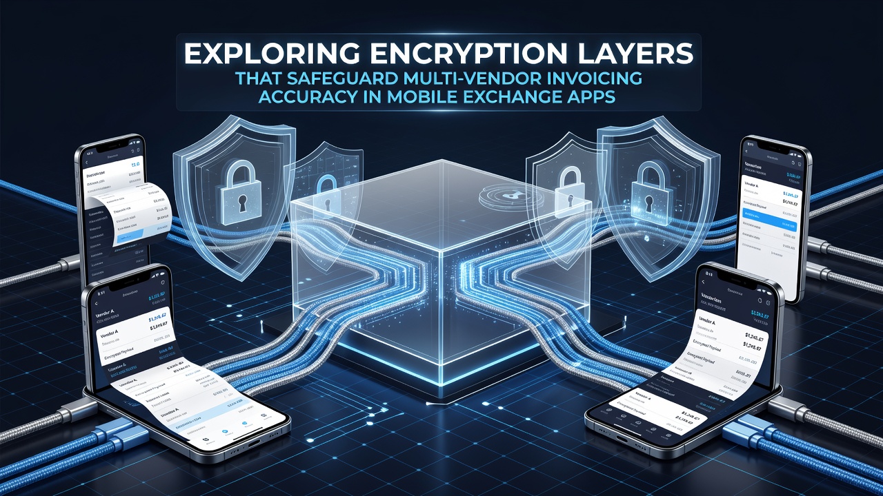 Diagram showing layered encryption architecture protecting invoice data flows between vendors and mobile exchange platforms