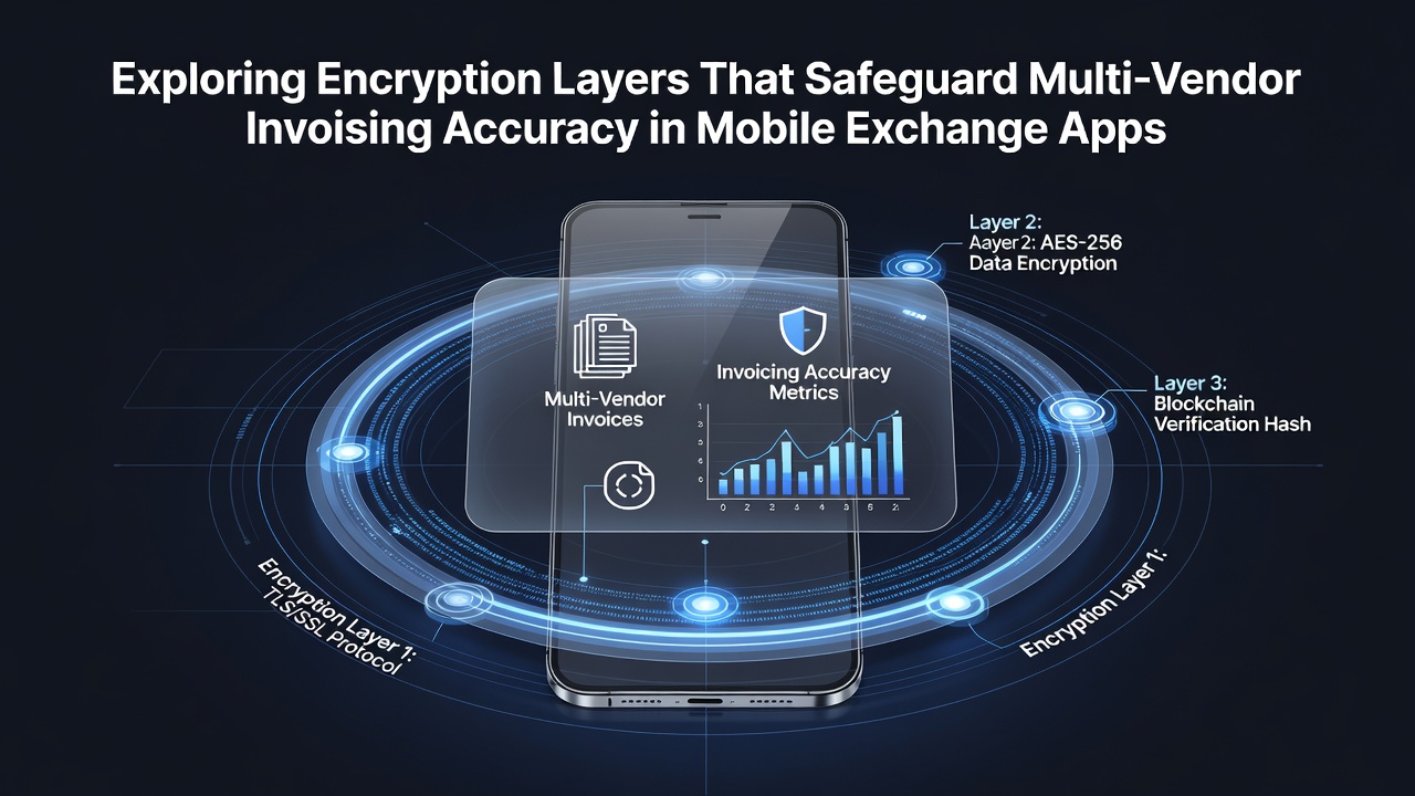 Illustration of end-to-end encryption flow securing invoice details from multiple vendors in a mobile app environment
