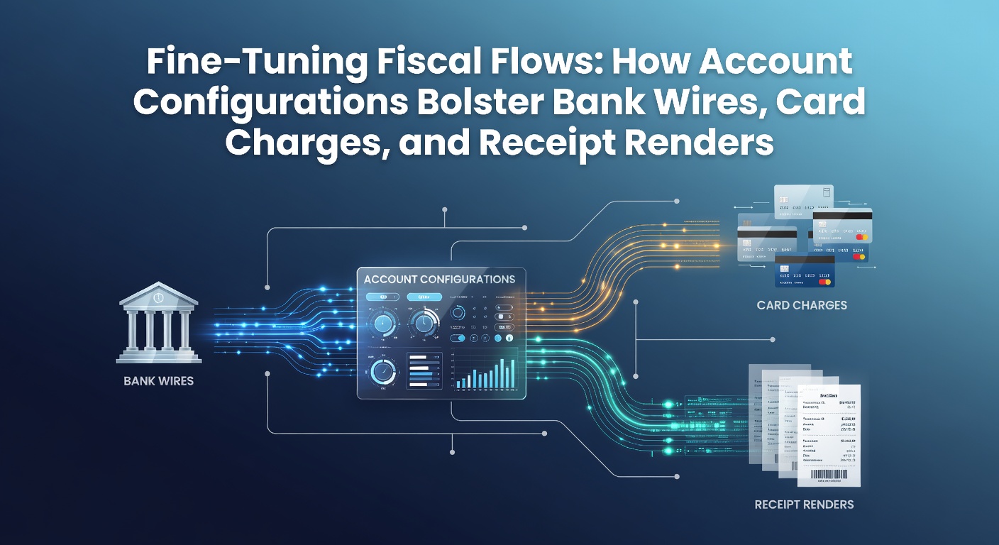 Digital dashboard showing configured account settings for bank wires, card processing, and automated receipt generation
