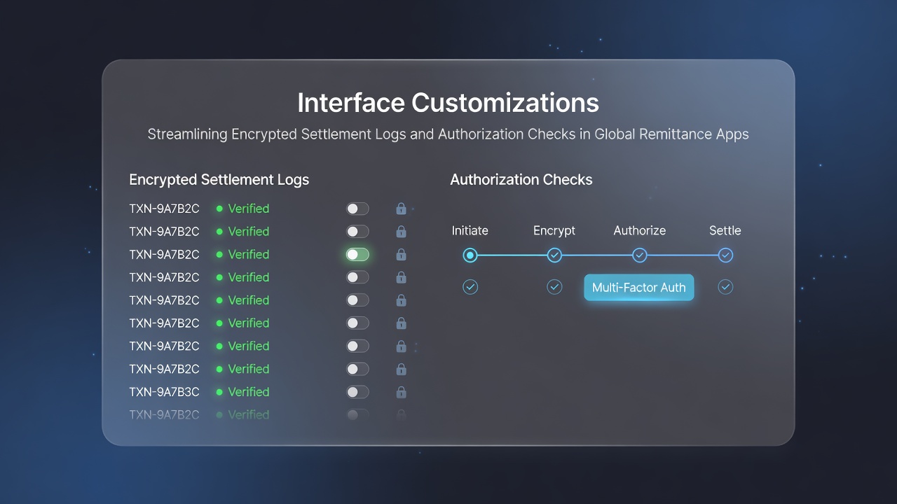 Dashboard view showing customized interface elements for managing encrypted settlement logs in a remittance application