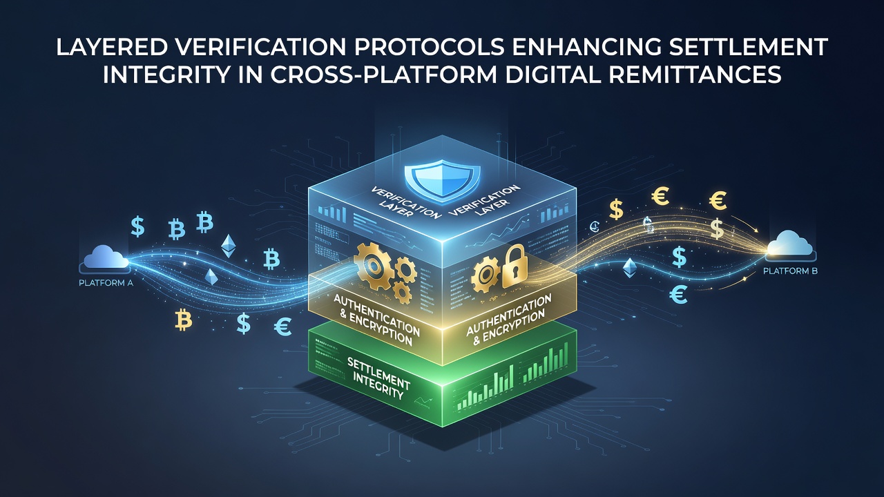 Diagram illustrating layered verification protocols in digital remittance systems with multiple security checkpoints across platforms