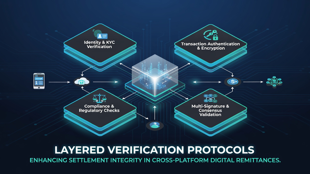 Flowchart showing cross-platform remittance process with layered security checks and settlement confirmation steps