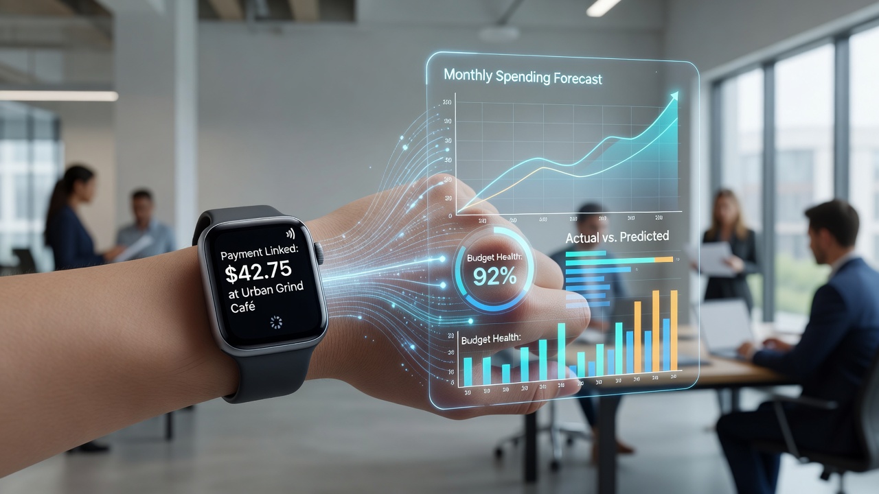 Wearable device displaying payment interface connected to budget forecasting dashboard