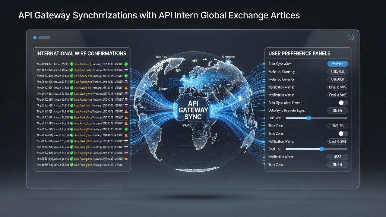 API gateway architecture diagram showing synchronization between international wire systems and user preference panels in exchange platforms
