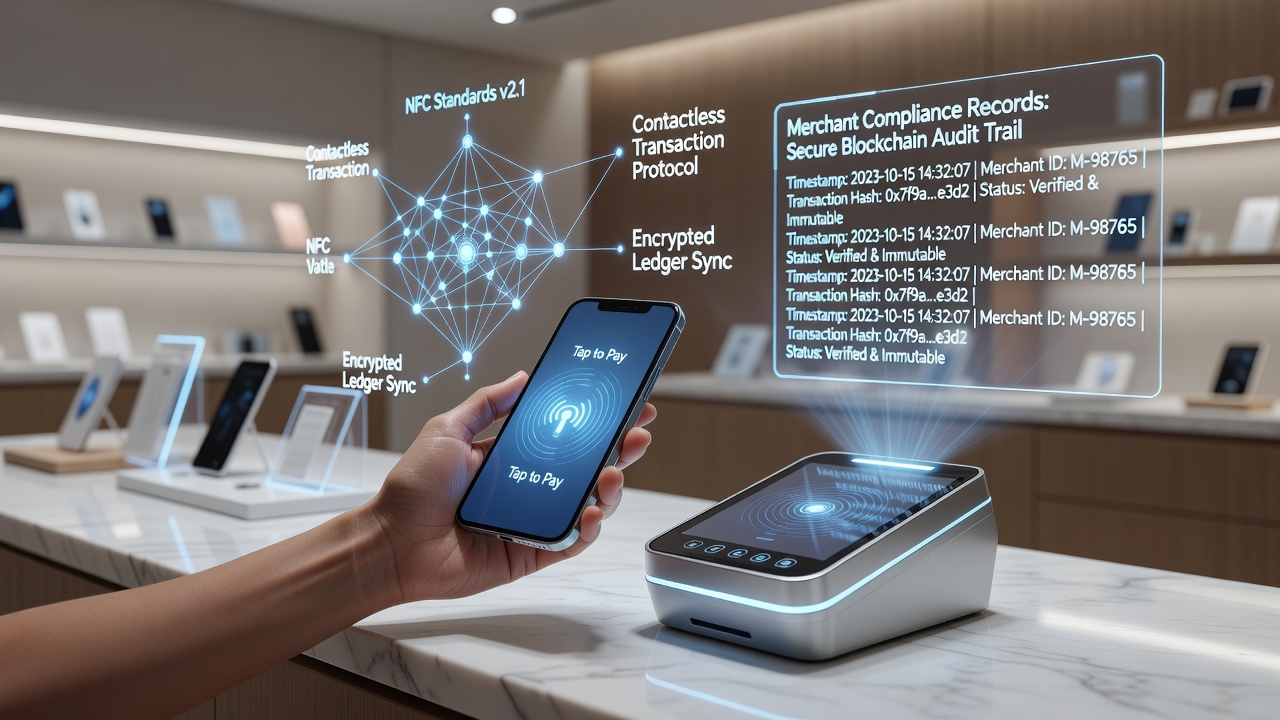 NFC contactless payment terminal processing a retail transaction at a store checkout counter
