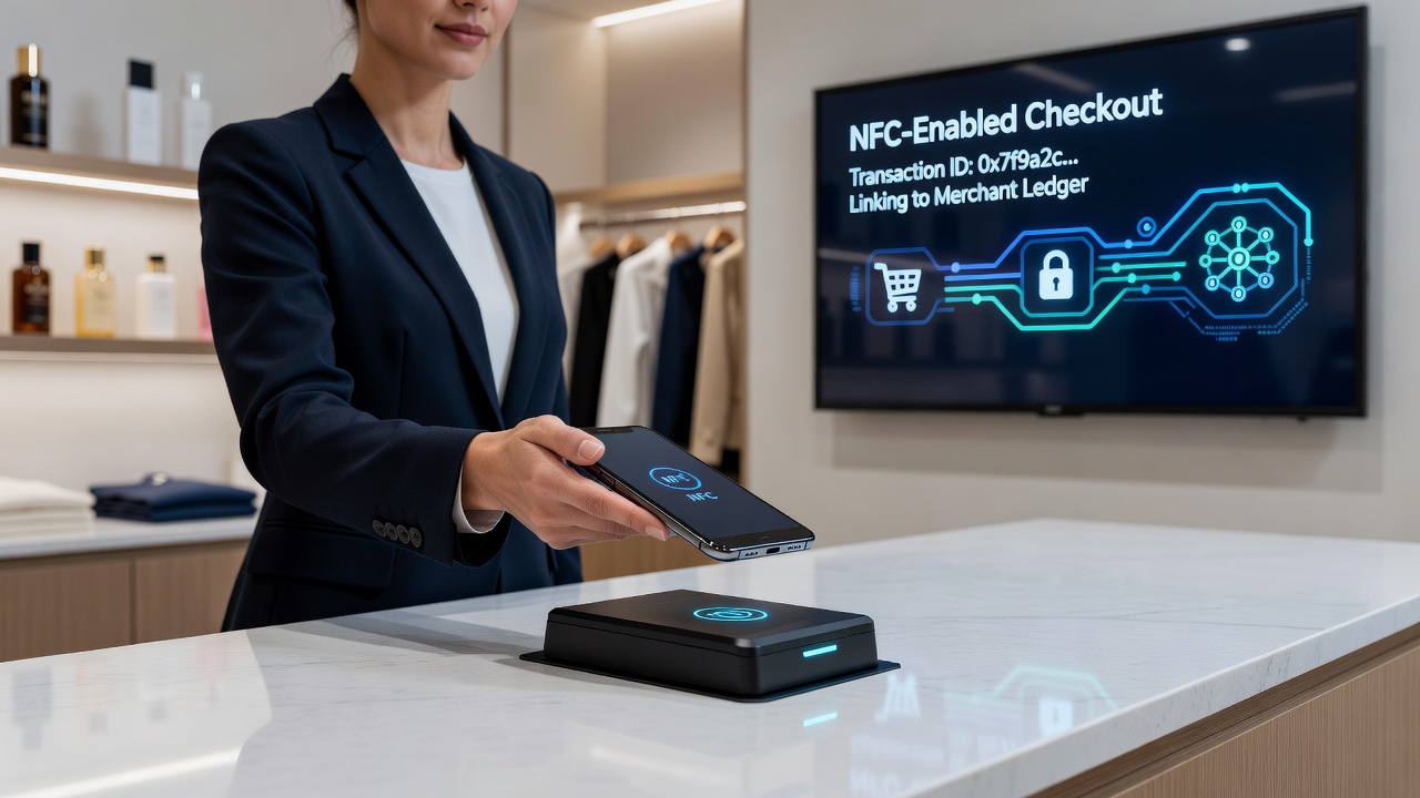 Secure encrypted ledger interface displaying merchant transaction records and compliance verification dashboard
