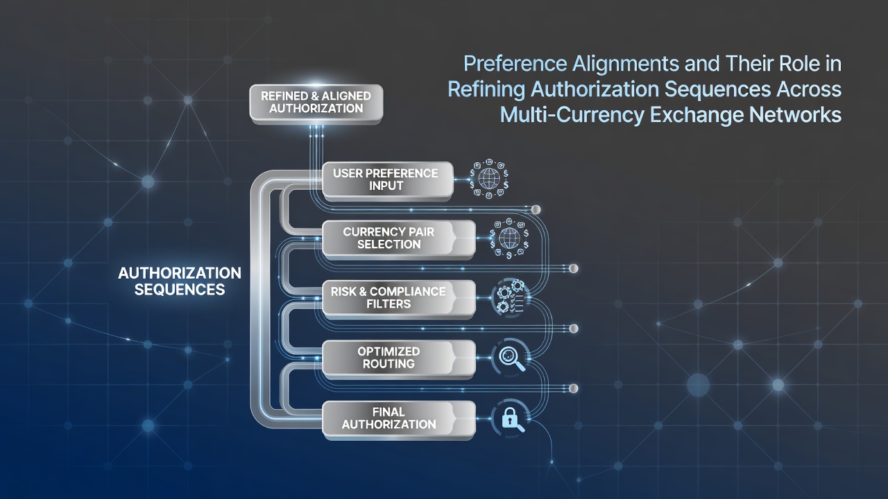 Visualization of preference alignment processes connecting user settings to authorization flows in multi-currency exchange networks