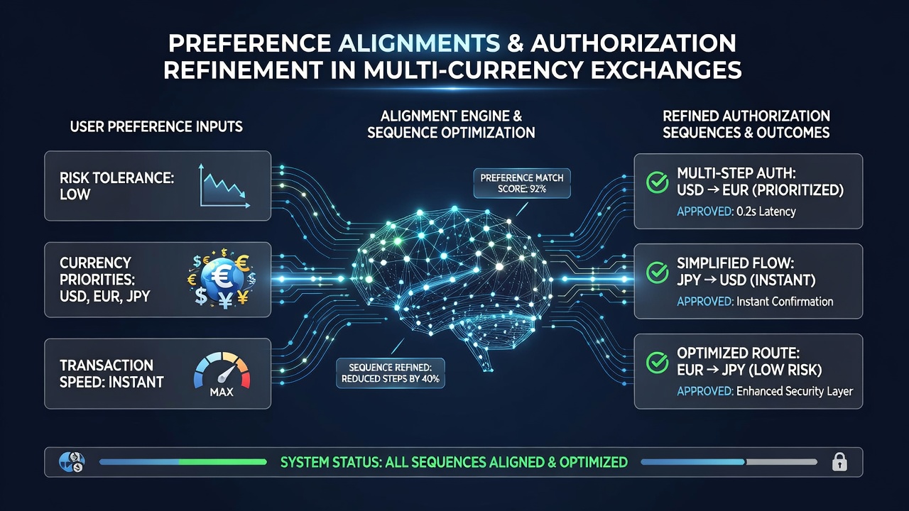 Diagram illustrating authorization sequence adjustments driven by aligned preferences across different currency networks