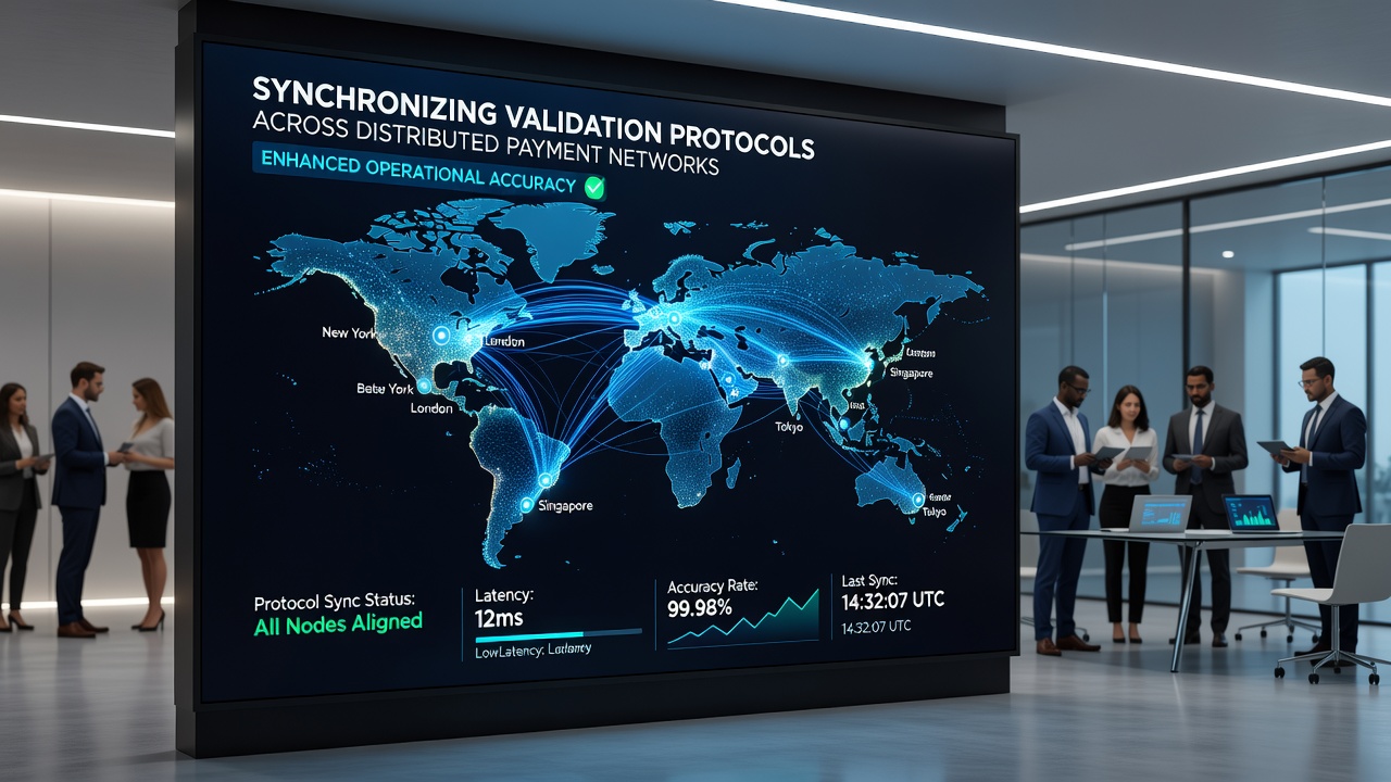 Technical diagram illustrating synchronized validation checkpoints across global payment nodes