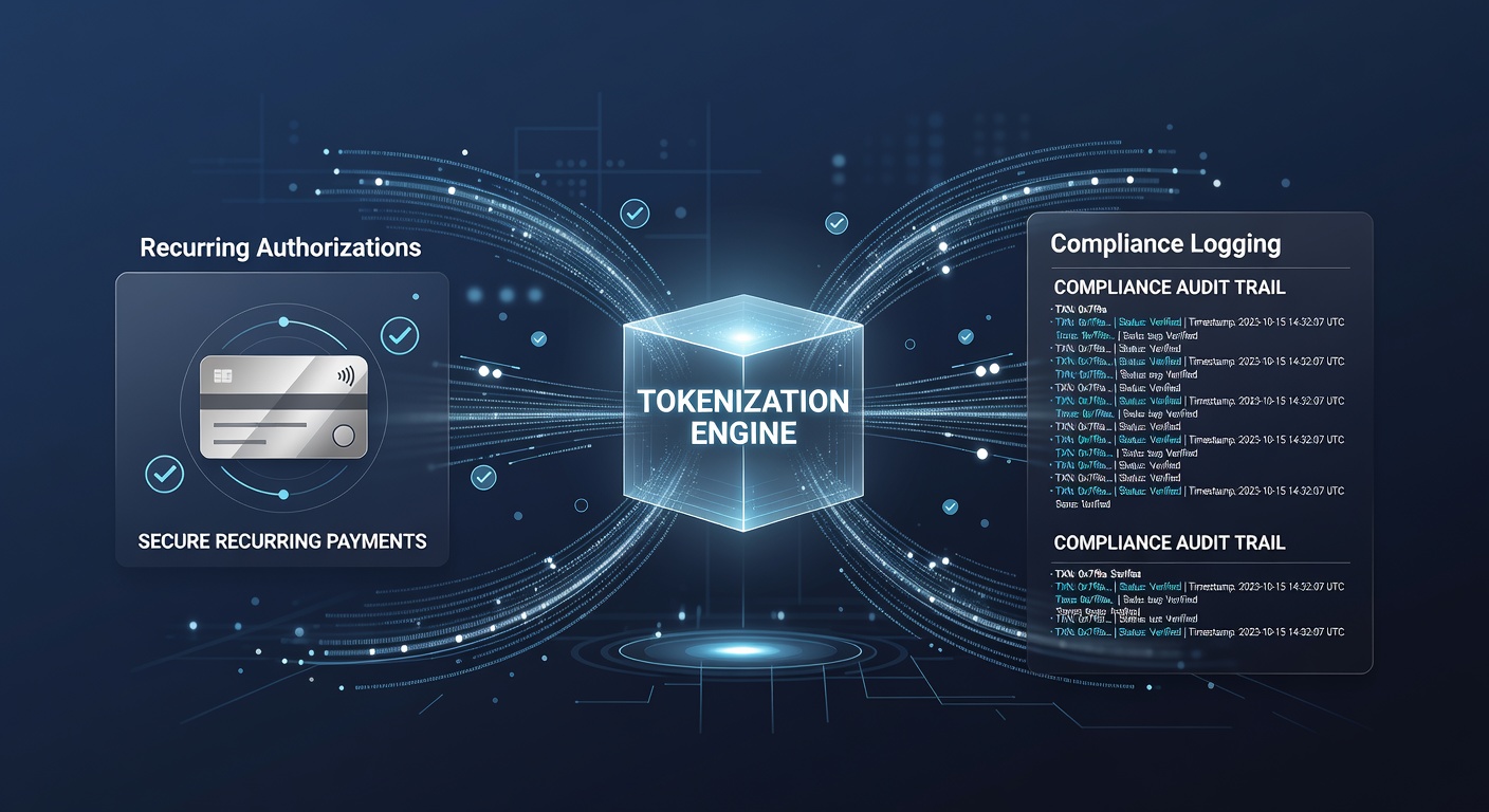 Dashboard view showing tokenized recurring authorizations with detailed compliance logs and audit trail exports in a digital commerce system