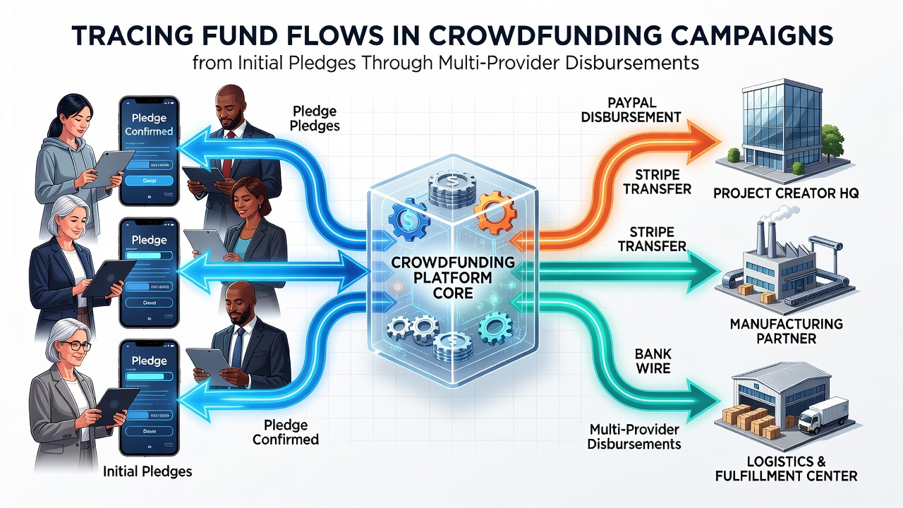 Diagram showing the journey of funds from backer pledges through payment processors and into creator accounts across multiple platforms