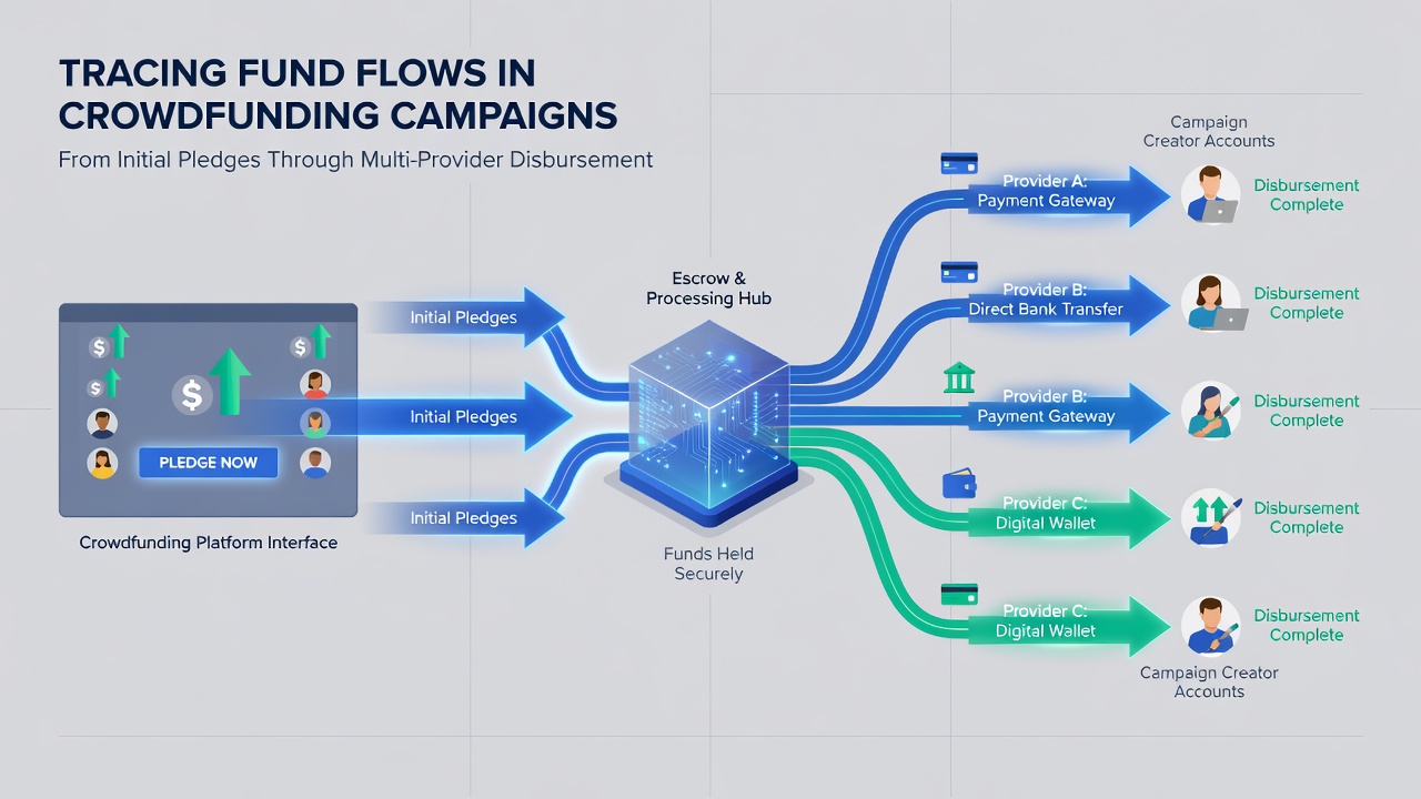 Flowchart illustrating multi-provider disbursement paths including escrow holds, fee deductions, and final transfers to campaign organizers